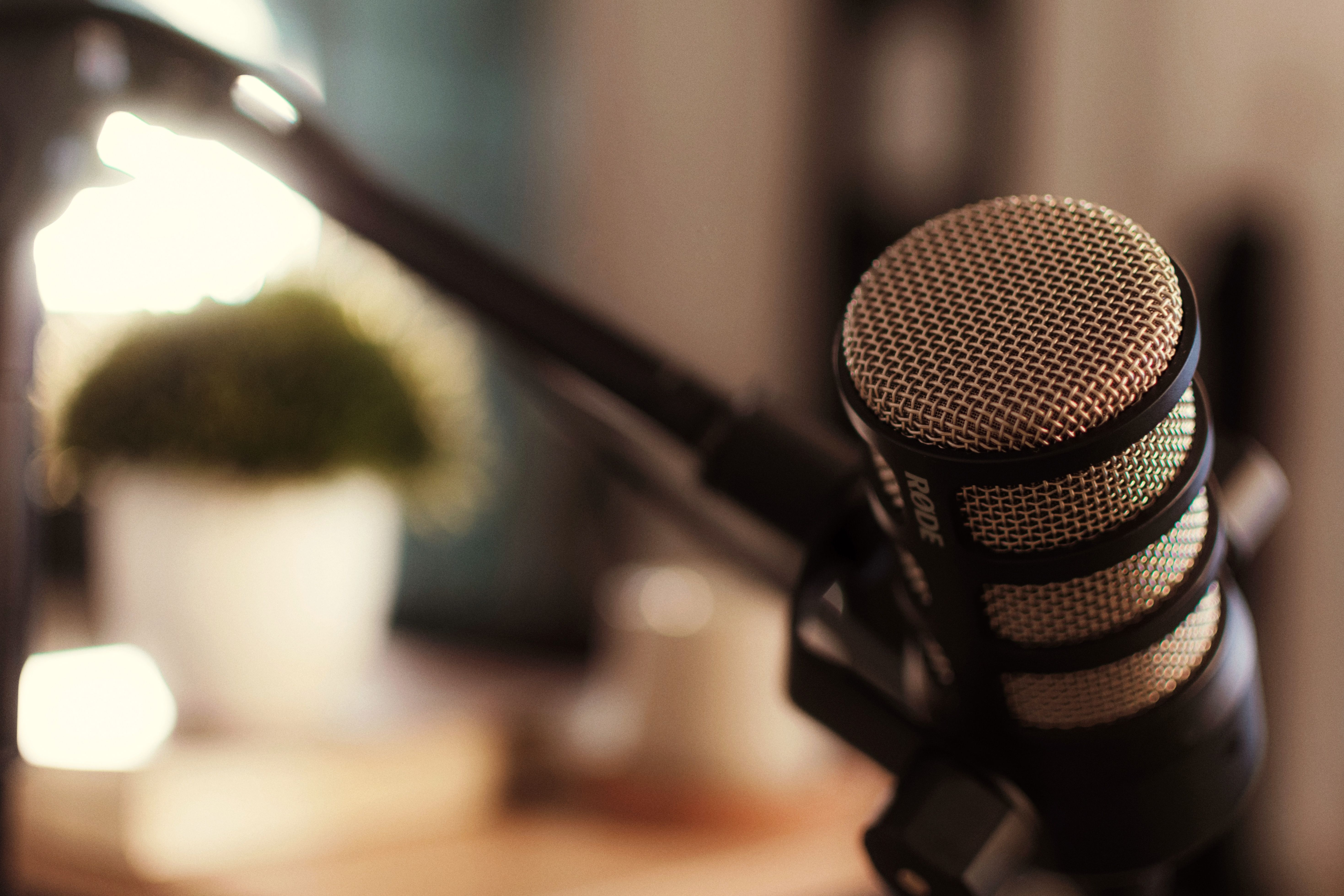 A professional microphone setup for podcasting with blurred background and cozy lighting.