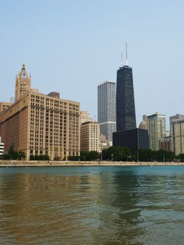 View of the Chicago skyline with the prominent John Hancock Center by the waterfront.