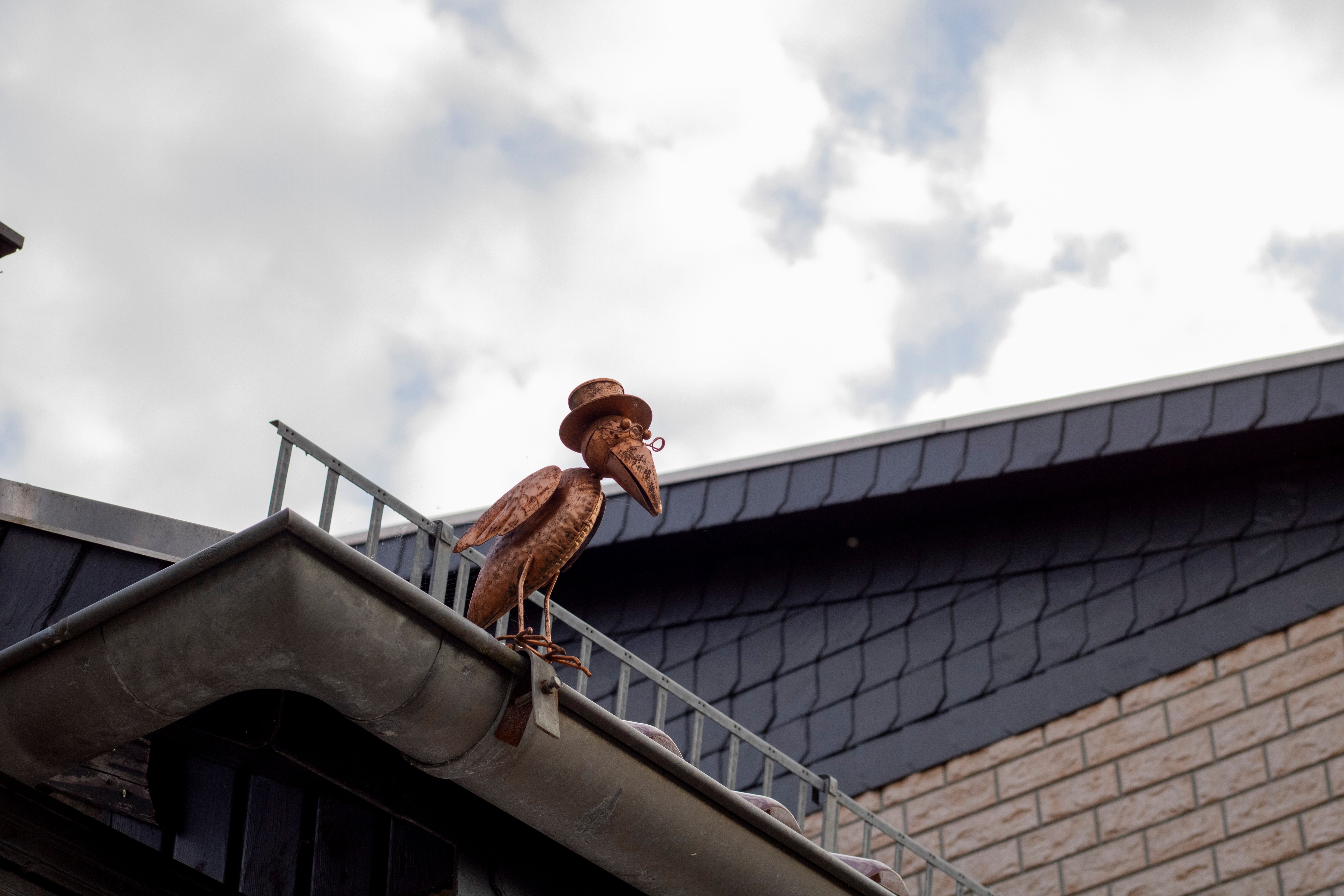 A whimsical metal bird sculpture with a top hat perches on a rooftop in Nordhausen, Germany, under a cloudy sky.