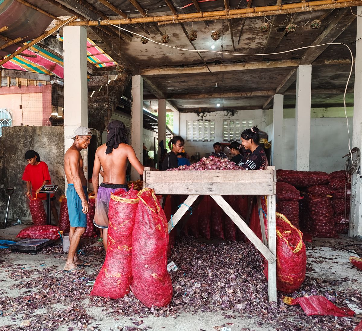 Workers sorting onions in a traditional warehouse in the Philippines, showcasing local trade and industry.