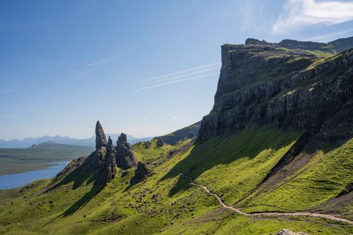 Free Breathtaking view of the Old Man of Storr under a clear blue sky in Scotland. Stock Photo