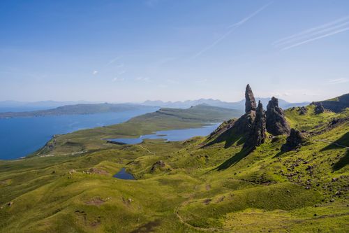 Free Breathtaking landscape of Old Man of Storr's rugged terrain on a clear day in Scotland. Stock Photo