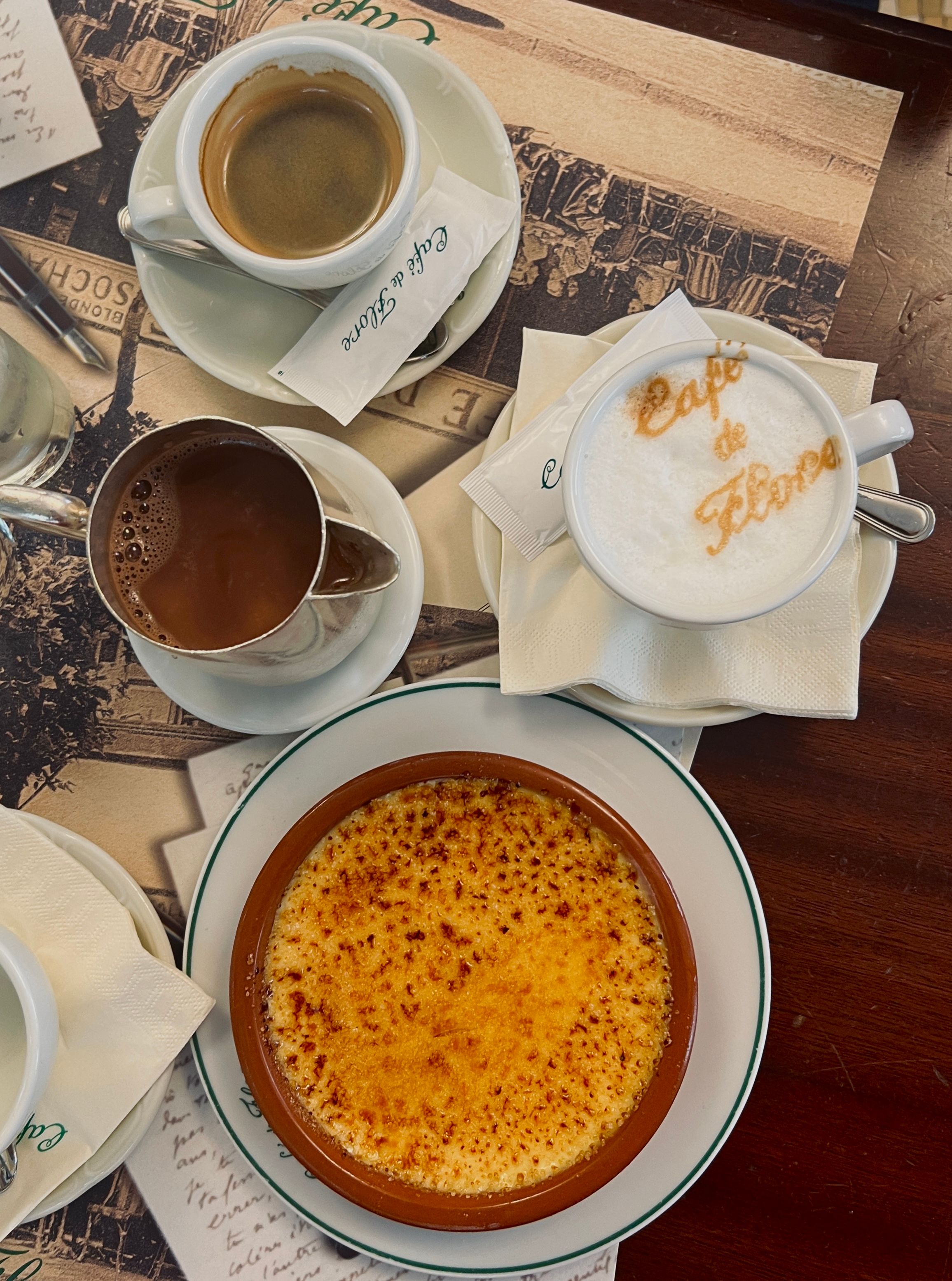 Enjoy a delightful Crème Brûlée and coffee at Cafe de Flore, a historic Parisian café.