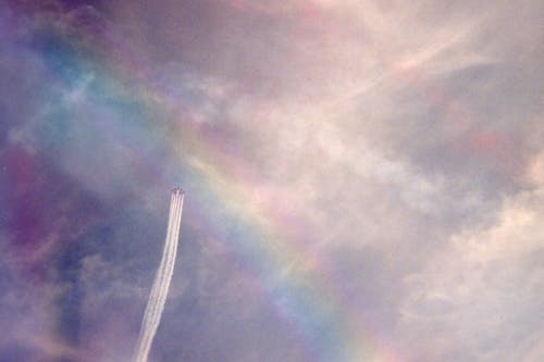 Airplane Flying On Purple and Gray Clouds With Rainbow