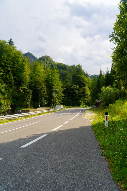 Free A peaceful roadway cutting through lush greenery in Slovenia under a partly cloudy sky. Stock Photo