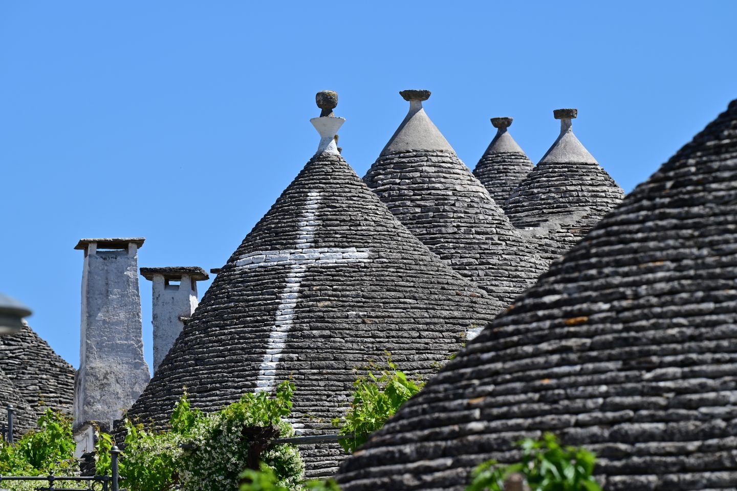 Charming Trulli houses with conical roofs against a clear blue sky in Alberobello, Italy.