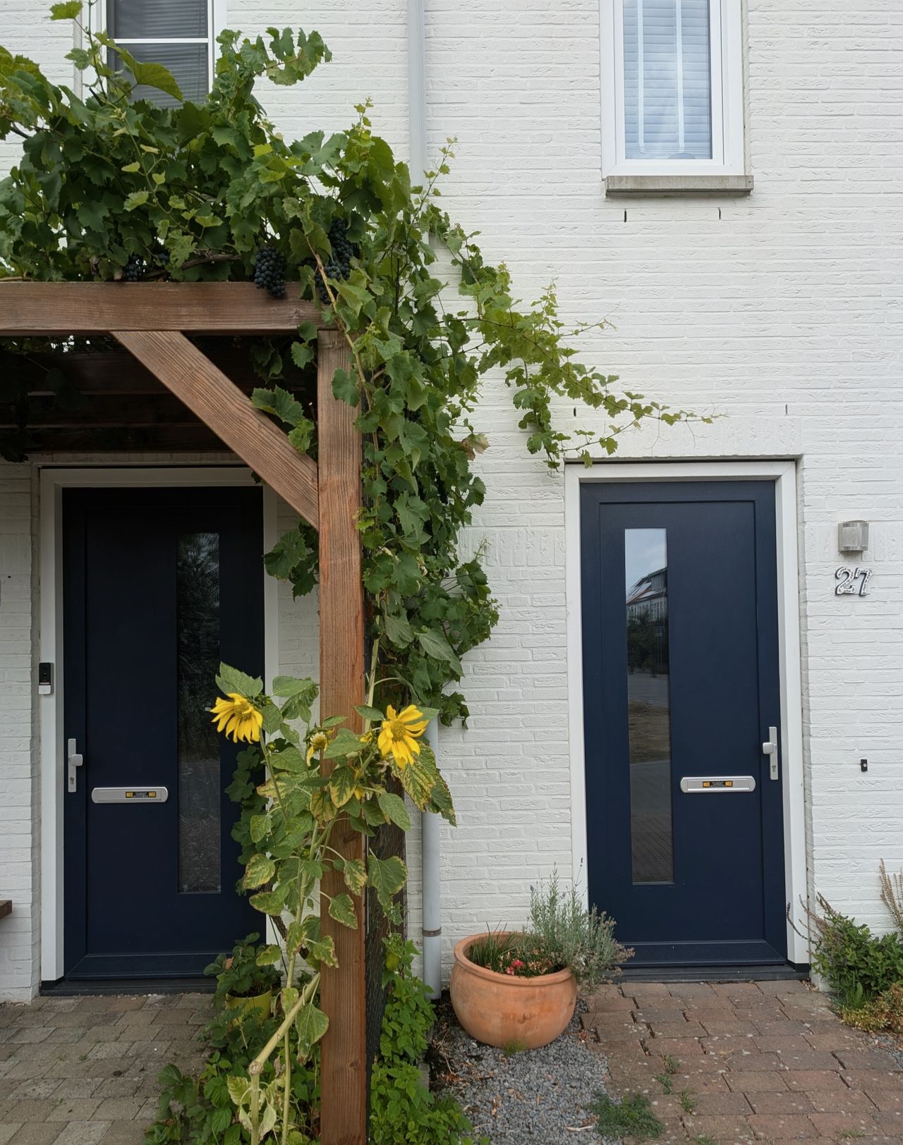 Two navy-blue front doors framed by climbing vines and sunflowers