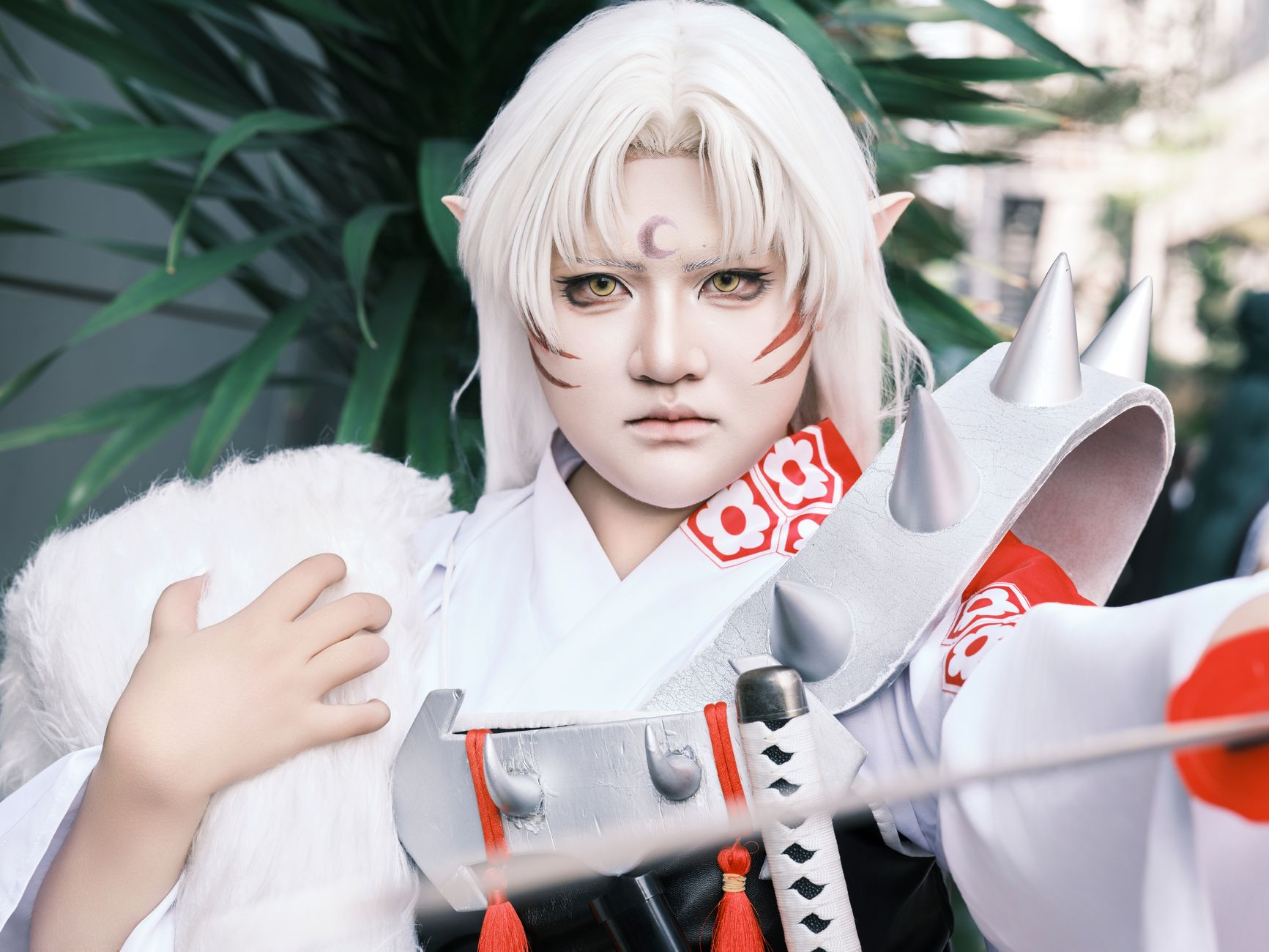 Detailed cosplay of a fantasy character with white hair, elf ears, and warrior armor.