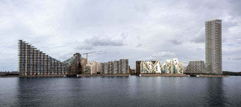 Panoramic view of unique modern architecture by the waterfront in Aarhus, Denmark.