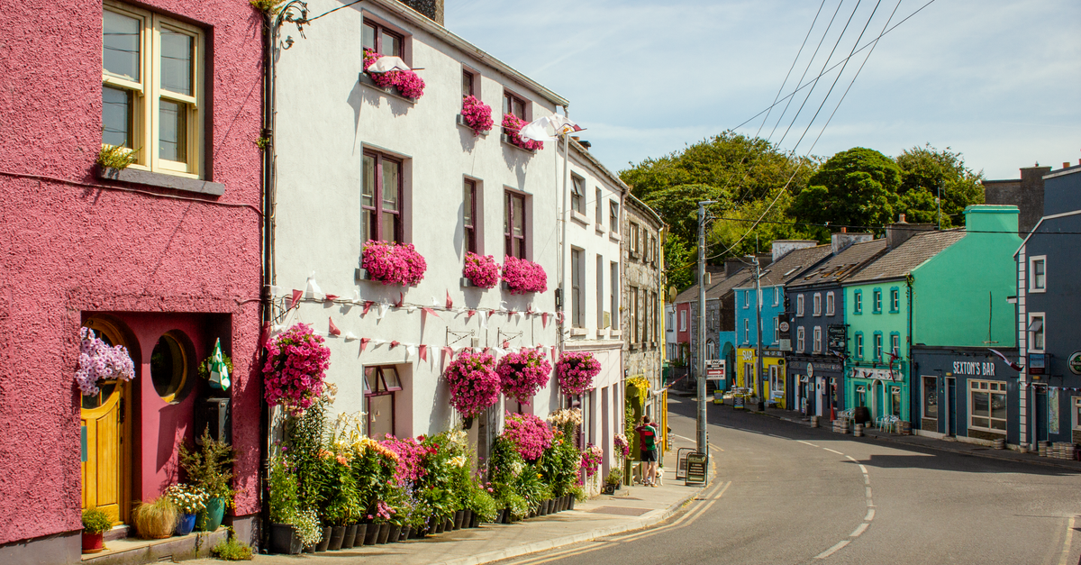 Charming view of vibrant colorful houses in Kinvara, County Galway, Ireland.