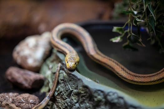 A detailed close-up of a non-venomous garter snake in a naturalistic habitat.