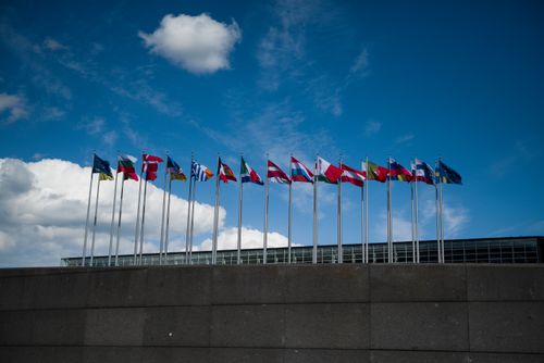 Free Row of European flags fluttering against a clear blue sky, symbolizing unity. Stock Photo