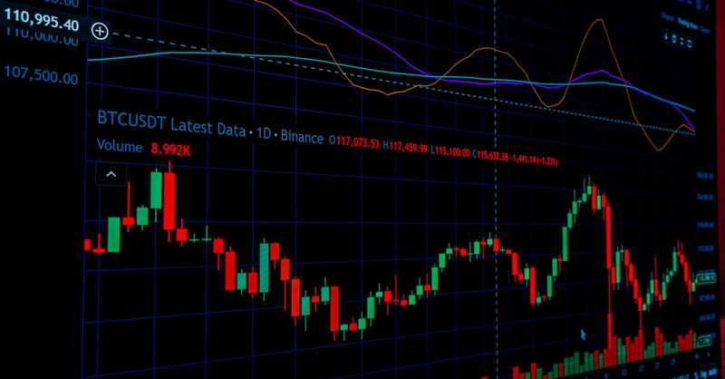 Abstract editorial data-visualization illustration in balanced, blue-toned tones representing MSTR and the broader cryptocurrency market — crypto scenario analysis.