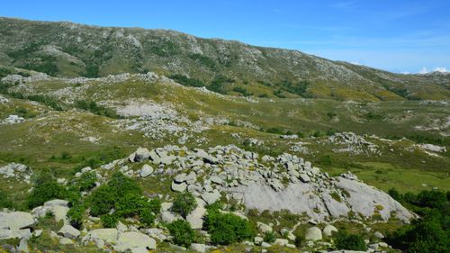 Free Scenic landscape view of rocky mountains in Aullène, Corsica, France under clear blue skies. Stock Photo