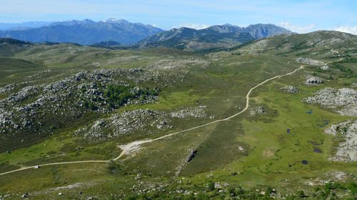 Free Aerial view of the rugged mountainous terrain in Aullène, Corsica. Stock Photo