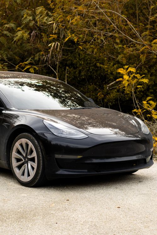 Free Black electric car parked on a quiet road surrounded by fall foliage. Stock Photo