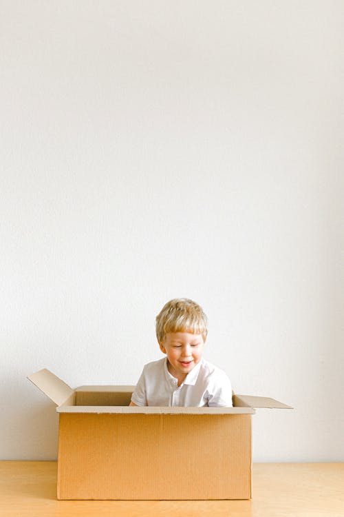 Boy In White Dress Shirt Sitting Inside A Box