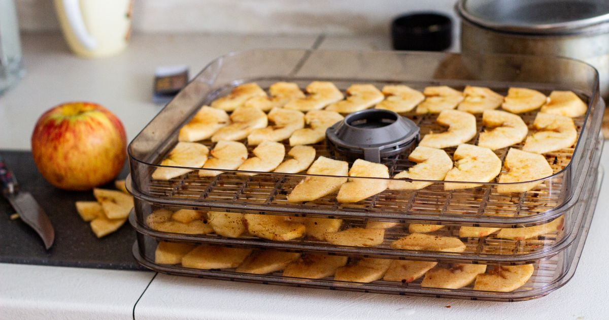 A food dehydrator with three clear stacked trays of apple rings drying on a bright kitchen worktop, a whole apple and a knife beside it
