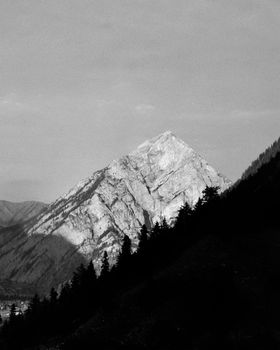 Stunning black and white capture of a majestic mountain in Kashmir, India.