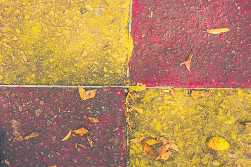 Free An artistic view of colorful yellow and red tiled pavement with scattered autumn leaves. Stock Photo