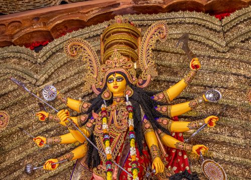 Free Colorful and detailed Durga idol adorned for Durga Puja celebration in Kolkata, India. Stock Photo