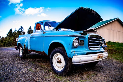 Free stock photo of blue truck, clear blue sky, farm truck