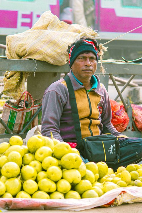 Free A street vendor sits with fresh guavas at a busy market in India, showcasing vibrant street life. Stock Photo