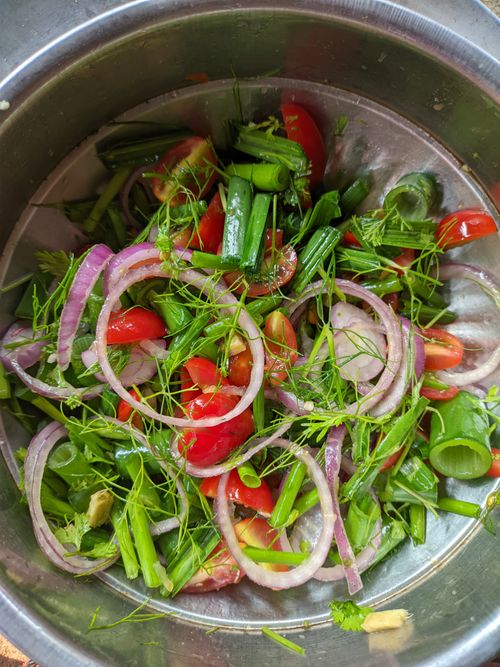 Free Colorful fresh vegetable salad with onions, tomatoes, and greens in a metal bowl, ready to serve. Stock Photo