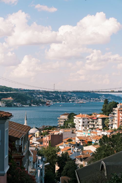 Free A picturesque view of Istanbul with the Bosphorus Bridge and lush surroundings. Stock Photo