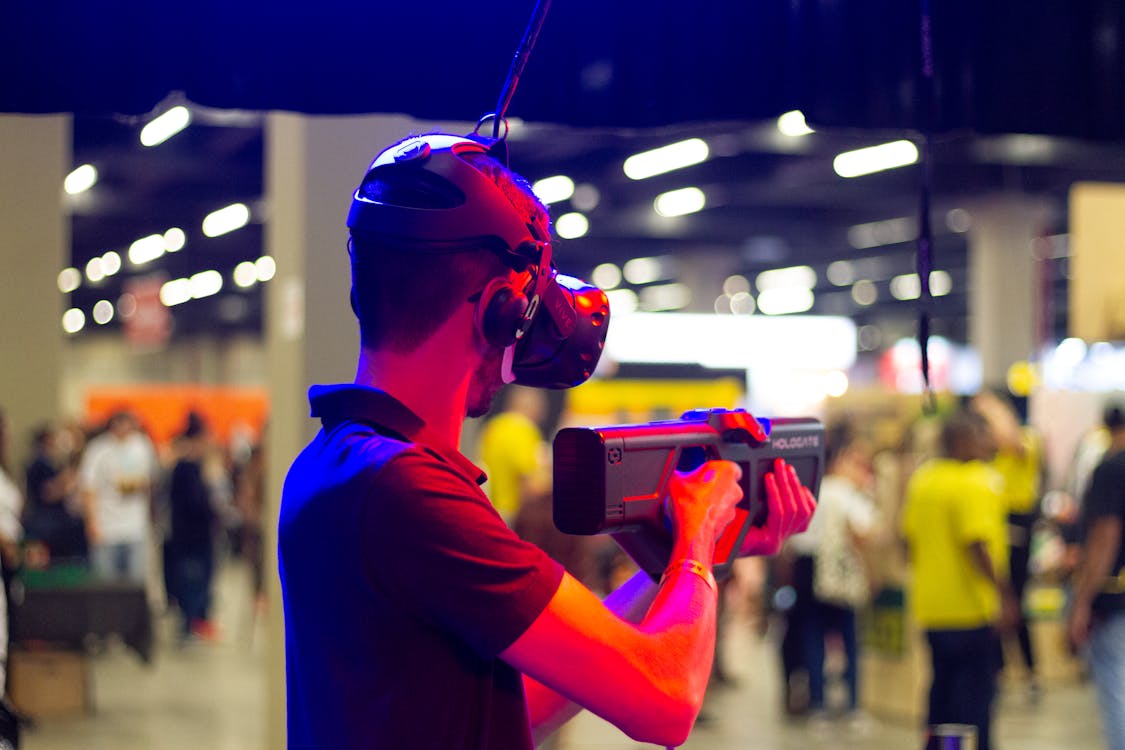 Man in VR headset in modern club