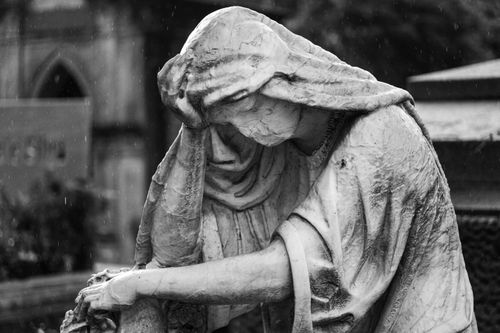 Free Black and white photo of a sorrowful cemetery statue in São Paulo, illustrating profound grief. Stock Photo