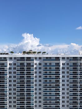 在晴朗的蓝天下，迈阿密海滩的当代摩天大楼展现了城市建筑的风貌