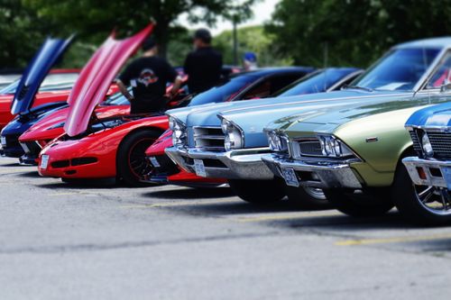 Free Line-up of colorful classic cars at an outdoor car show in Hamilton. Stock Photo