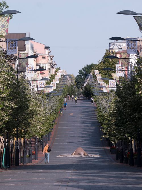 Free A calm, tree-lined city street featuring decorative banners and a gentle incline, perhaps a weekend morning. Stock Photo