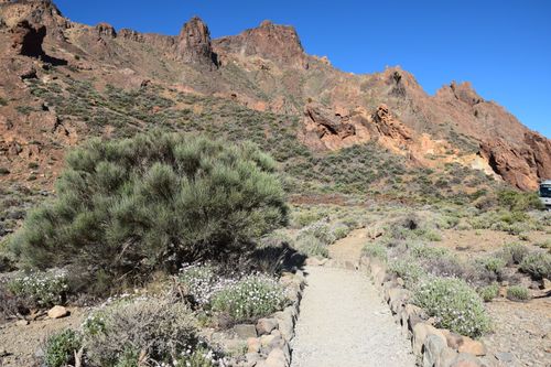 Free Rocky landscape with a scenic pathway in Teide National Park under a clear blue sky. Stock Photo