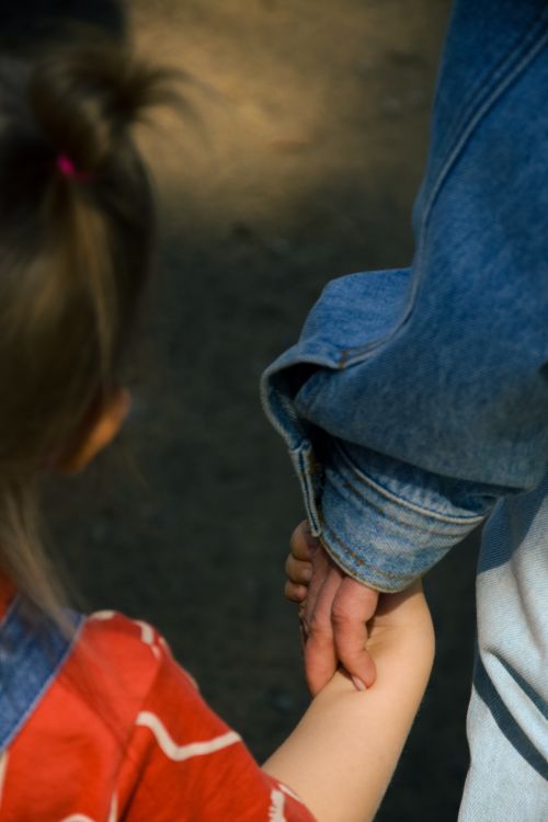 Free A young child holds hands with an adult, walking along a sunlit path, symbolizing trust and guidance. Stock Photo