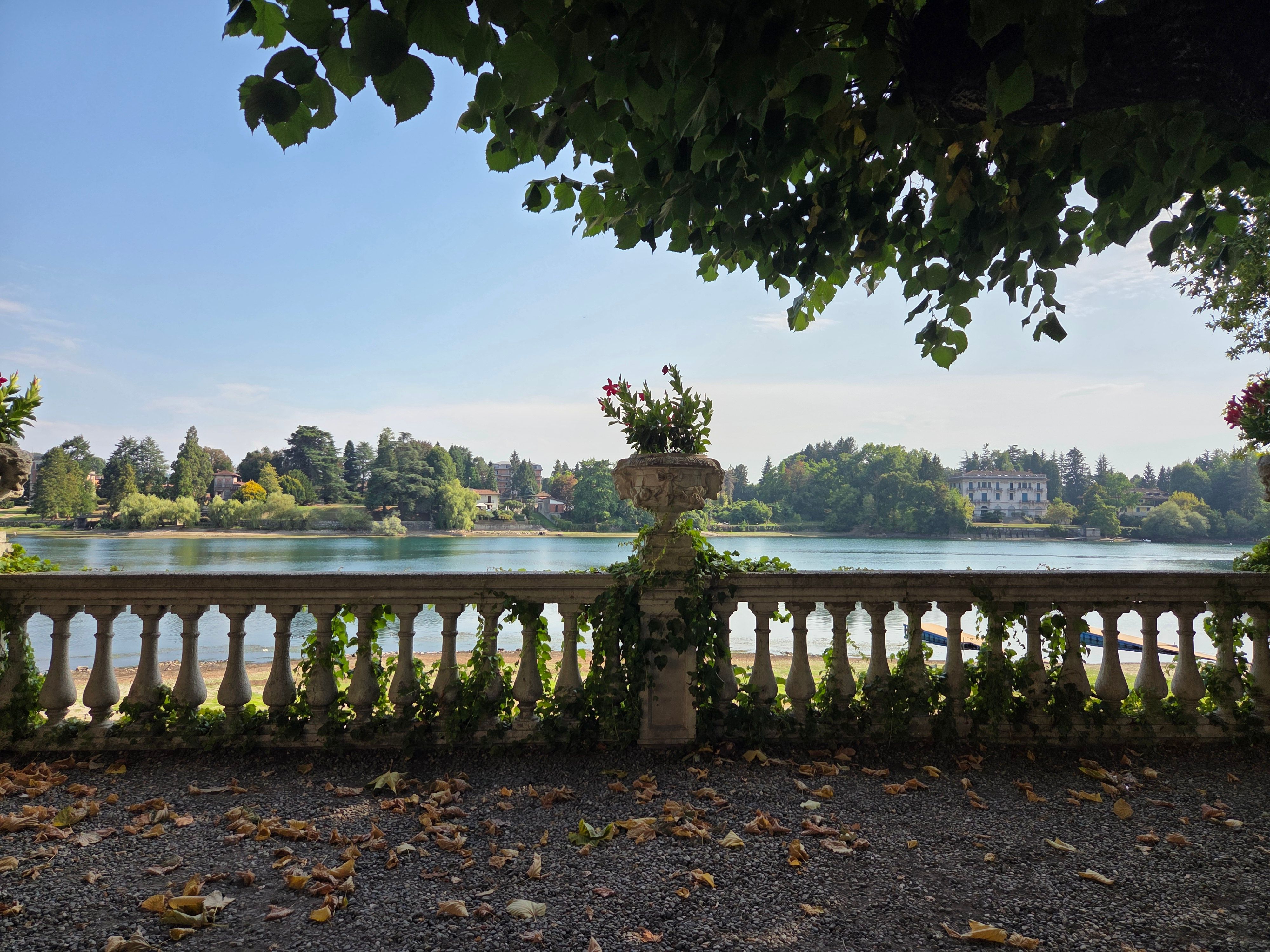 A serene view of Lake Maggiore from Sesto Calende, featuring ivy-covered railings and distant villas.