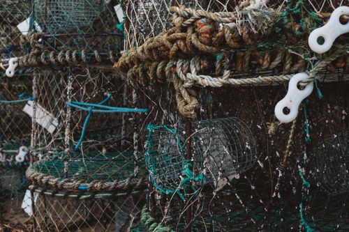 Free Old cylindrical fishing nets different sizes placed in rows on deck of ship Stock Photo