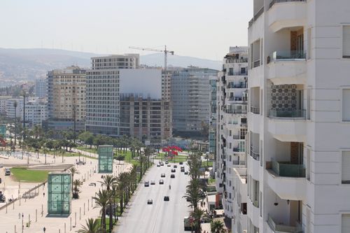 Free A sunny view of Tangier's bustling city streets, modern architecture, and vibrant urban life. Stock Photo