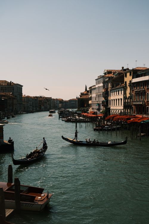 Free Gondolas glide along a sunlit canal in Venice, offering a tranquil view of historic buildings and vibrant waterfront cafes. Stock Photo