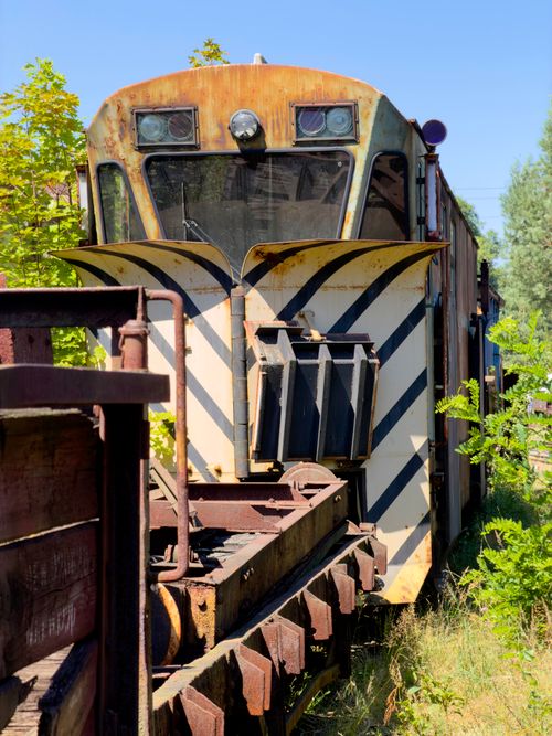 Free Abandoned rusty locomotive surrounded by overgrown vegetation under a clear blue sky. Stock Photo