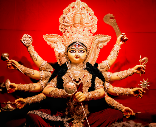 Free Beautifully adorned Durga idol captured during Durga Puja festival in Kolkata, India. Stock Photo