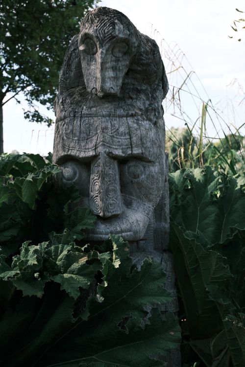Free A tribal wooden statue encircled by lush green plants outdoors, evoking a mystical atmosphere. Stock Photo