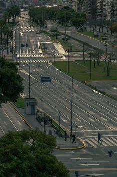 Aerial view of Avenida 9 de Julio in Buenos Aires on a calm morning. Few people walking.