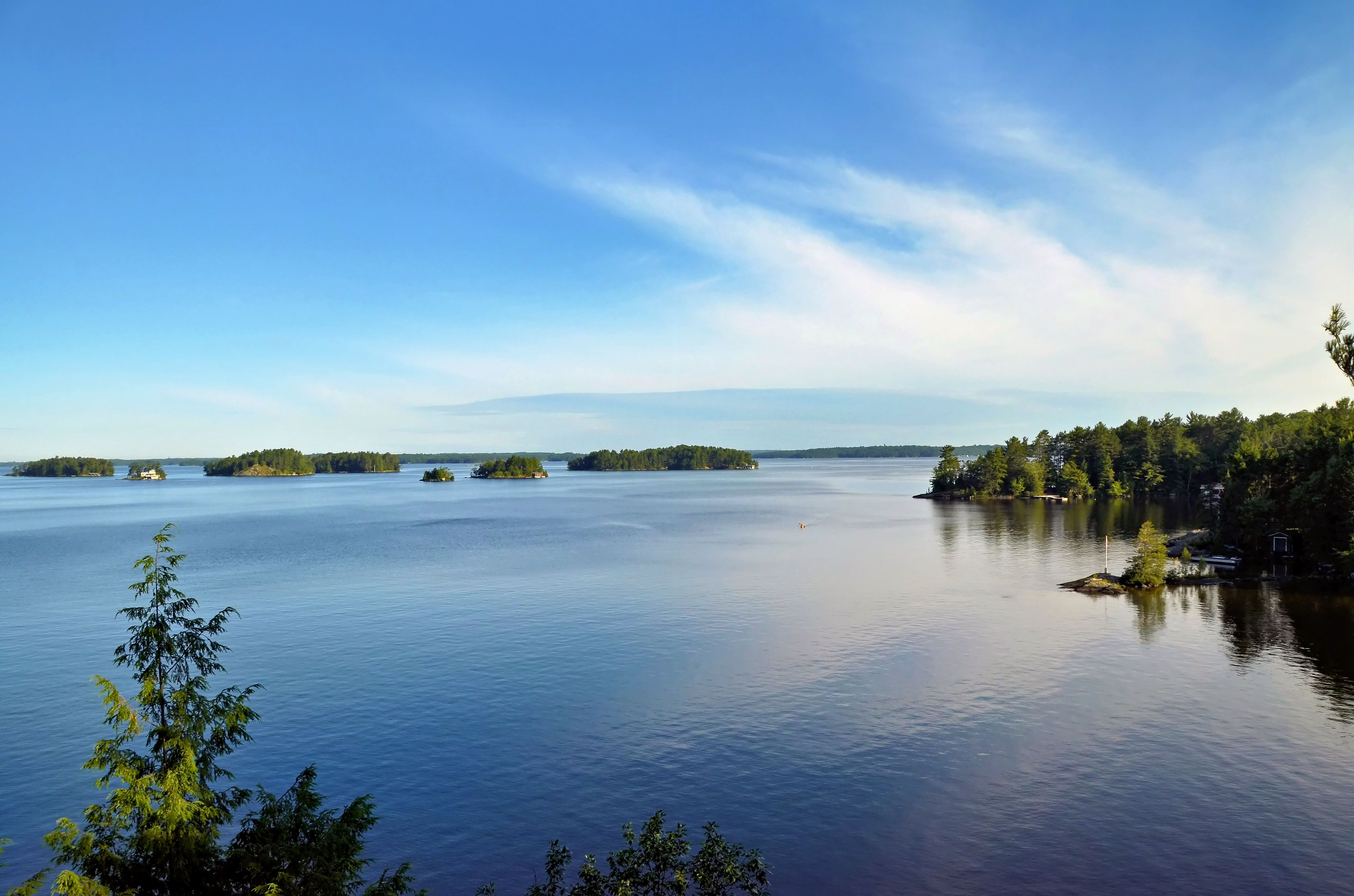 Peaceful view of Muskoka Lakes with clear blue skies and lush greenery.