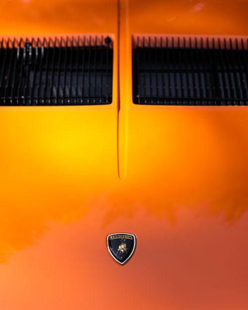 Free Detailed close-up of an orange sports car hood with iconic emblem. Stock Photo