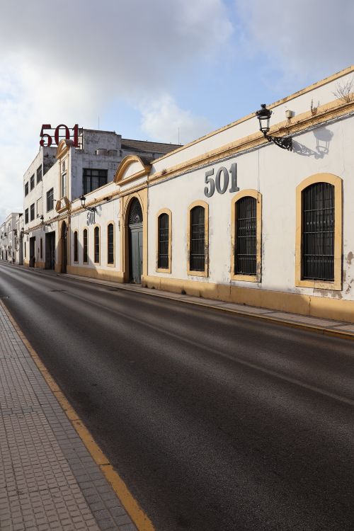 Free Street view of the historic 501 winery in El Puerto de Santa María, Spain, with classic architecture. Stock Photo