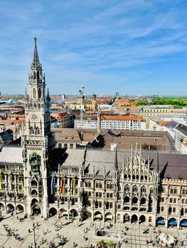 Stunning aerial view of Marienplatz showcasing the New Town Hall in Munich, Germany.
