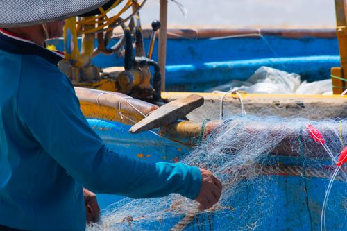 Free Close-up of a fisherman managing a fishing net aboard a colorful boat in Vietnam. Stock Photo