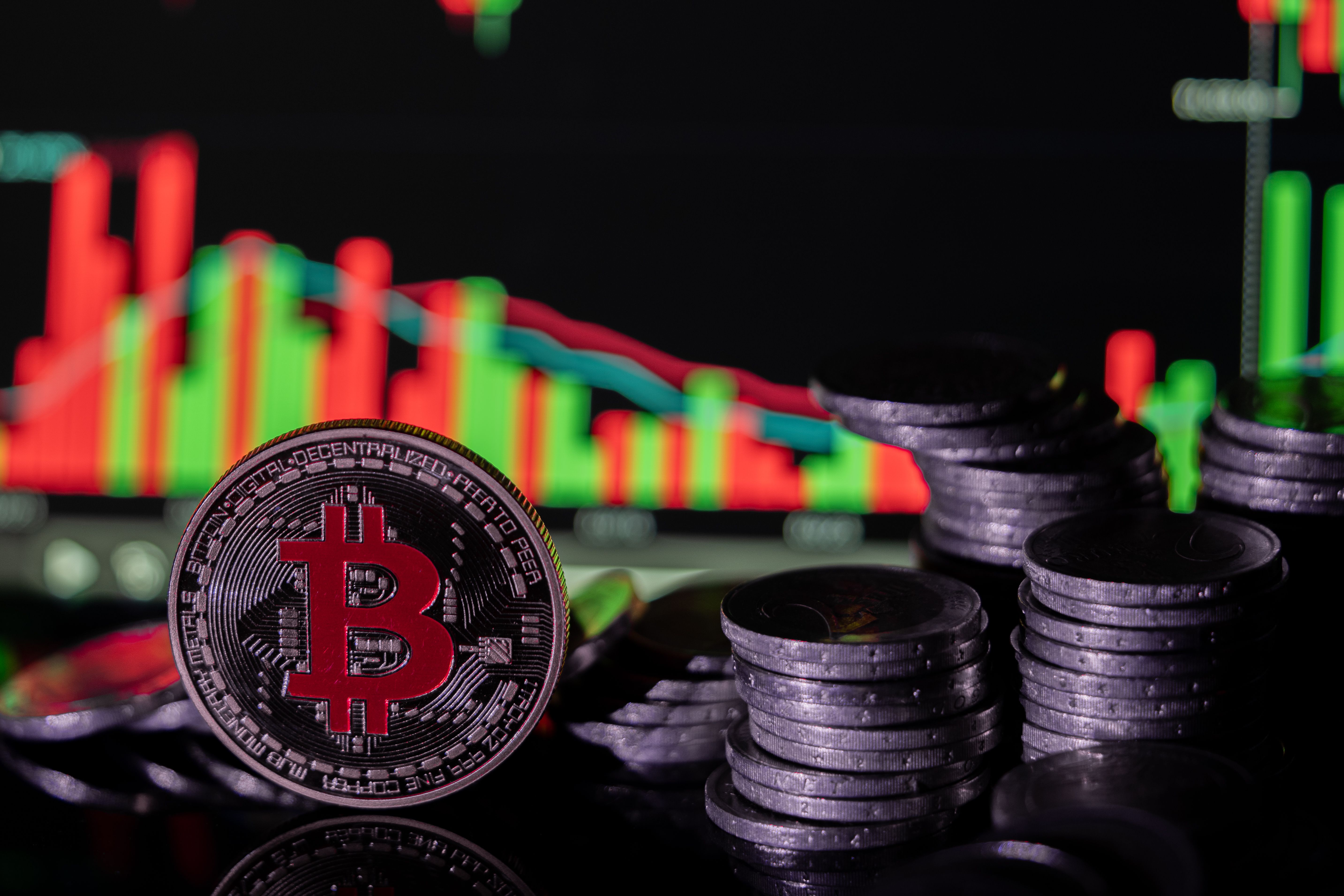 Close-up of Bitcoin coins with a financial graph backdrop symbolizing cryptocurrency trading insights.